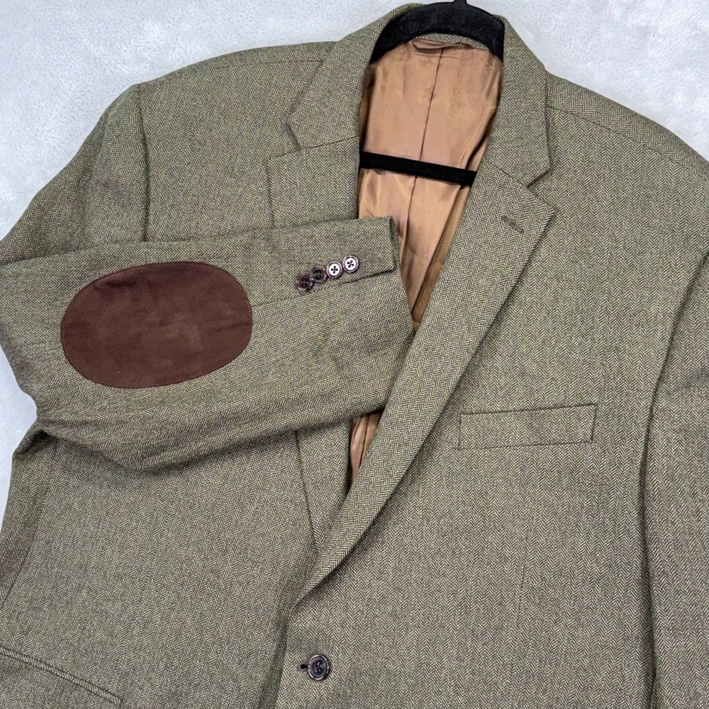 Lauren Ralph Lauren Wool Blazer Men 50R Green Herringbone Elbow Patch Sport Coat